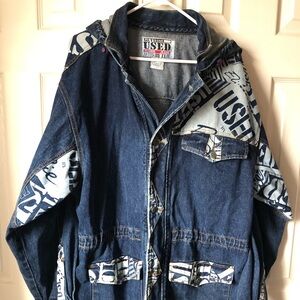 USED Denim Jacket Size Large. Hooded w/drawstring waist. 3/4 length w/pockets